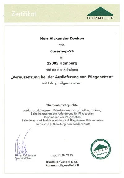 Zertifizierung von Burmeier über Pflegebettenverkauf.