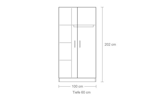 Maßzeichnung Kleiderschrank Adrano für 1 Person: 100 cm breit, 202 cm hoch, 60 cm tief, links Fächer, rechts Kleiderstange