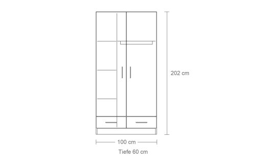 Maßzeichnung Kleiderschrank Adrano für 1 Person mit zwei Sockelschubkästen: 100 cm breit, 202 cm hoch, 60 cm tief