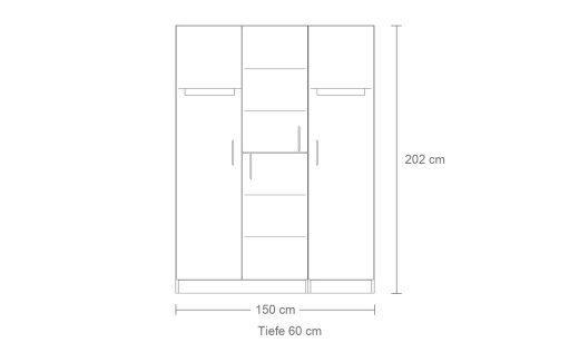 Maßzeichnung Kleiderschrank Adrano für 2 Personen: 150 cm breit, 202 cm hoch, 60 cm tief, zwei Kleiderfächer, Fächer in der Mitte