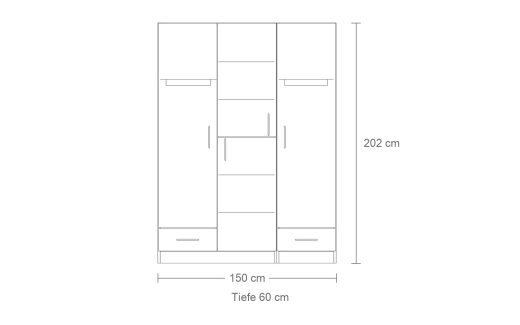 Maßzeichnung Kleiderschrank Adrano für 2 Personen mit zwei Sockelschubkästen: 150 cm breit, 202 cm hoch, 60 cm tief