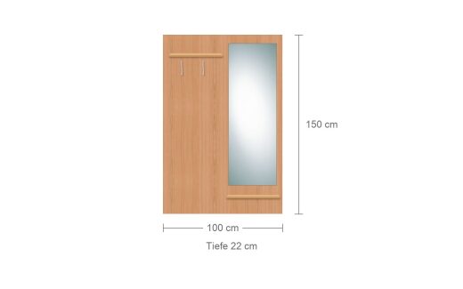 Maße der Garderobe mit Spiegel: 100 cm breit, 150 cm hoch, 22 cm tief